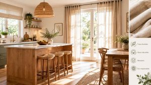 Une cuisine lumineuse mettant en avant des tissus durables, avec des rideaux qui laissent passer la lumière. Le design moderne s'harmonise avec les matériaux naturels