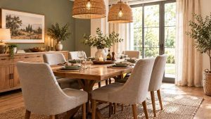 Une salle à manger élégante avec des chaises recouvertes de tissus résistants, parfaits pour un usage quotidien. La table est joliment dressée, ajoutant une touche de sophistication