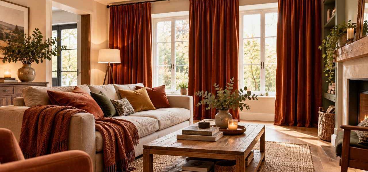 Un salon chaleureux avec des rideaux en velours épais qui créent une ambiance cocooning. Le canapé est confortable et invite à la détente, tandis que la lumière naturelle illumine la pièce